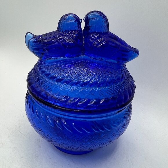 Other - Vintage Cobalt Blue Glass Dish with Kissing Birds Lid c1950's